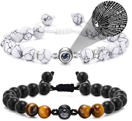 Cadeau Couple Bracelet de Projection - Je t'aime en 100 Langues - Pierres Naturelle Bracelet Couple Amoureux Bracelet de Perles Porte-bonheur Bijoux Carte Cadeau de Saint-Valentine Anniversaire