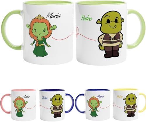 TAZALAND | Pack 2 tazas PERSONALIZADAS | PERSONAJE Y NOMBRE | 350 ml | Apta para Microondas | Personalizada a Todo Color | ELIGE ENTRE MAS DE 10 PERSONAJES | Para parejas (SHREK)