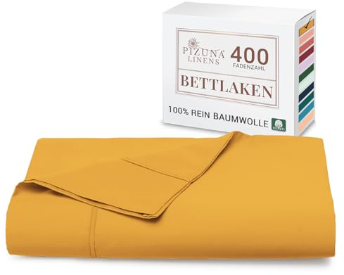 Pizuna Bettlaken 230x280 cm Baumwolle Honiggold 400 Fadenzahl | 100% Langstapel Baumwolle Bettlaken ohne Gummizug, Satinbindung nur Flachlaken Mit stilvollem 5 cm Saum Mako Satin