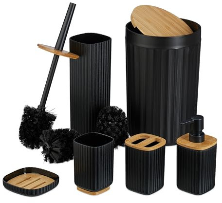 Relaxdays Set Accesorios Baño, Juego Completo Utensilios 6 Piezas, Conjunto WC, Plástico y Bambú, Negro y Natural, 65% 20% 15%