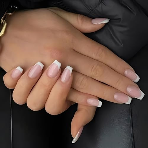 French Tip False Nails - White French Tips Pink Press On Nails - Short Square False Nails With Glue - Fake Nails With Glue - Reusable Full Cover Stick On Nails For Women Girls Diy Nail Art Manicure