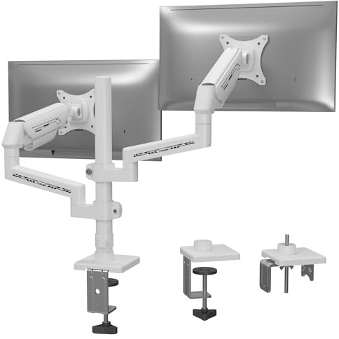 Fydeamer Dual Monitor Halterung mit Säule für 17-35 Zoll Bildschirm, Weiß | Dual Monitorarm 2-11kg für extra Höhe; VESA 75/100mm, 2 Installations, Schnelle Installation, mit Kabelmanagement