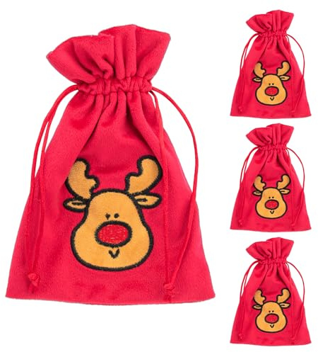 Idena 90473 - Stoffbeutel ca. 13 x 18 cm, 4 Stück, Säckchen in Rot mit Rentier-Motiv, Weihnachtssack mit roter Kordel