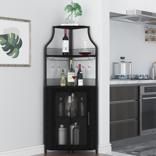Eck-Weinregal, 5 Etagen Weinregal Freistehender mit Glashalter and Weinaufbewahrung, industrielles Weinbar Schrank mit Türen aus Metallgitter, 50 Flaschen Wein Bäckerregal für Bar, Küche 47x34x154cm-E