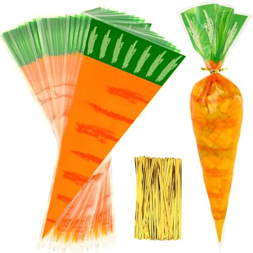 JULBEAR 20 Stück Oster-Karotten Spitztüten mit Bindeband, Transparente Zellophantüten zum Befüllen für Süßigkeiten, Geschenke und Partydekoration