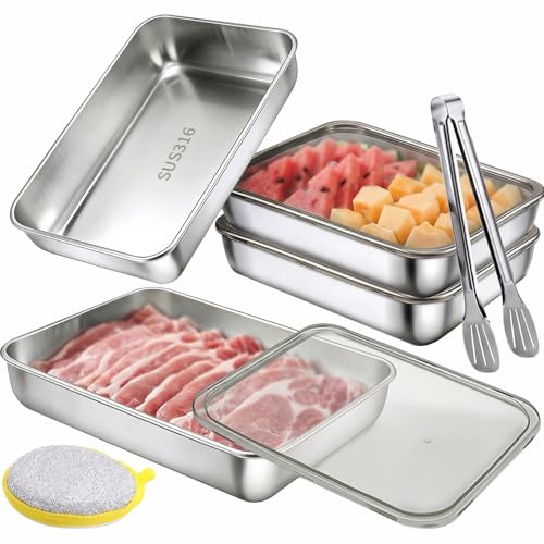 SneiDr Aufschnittboxen für Kühlschrank 4 Stück 25x20x4.5 cm Edelstahl Frischhaltedosen mit Deckel Stapelbar Spülmaschinenfest Frische Schnell Einschließen Kühlschrank Organizer für Käse Fleisch Gemüse