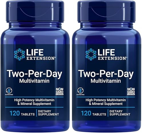 Life Extension, Multivitamin Two per Day, 120 Tabletten, Laborgeprüft, Glutenfrei, Sojafrei, Ohne Gentechnik, mit essentiellen Vitaminen und Mineralien (Packung mit 2)