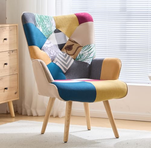 XH.Easy Go Patchwork Sessel, Gepolsterter Loungesessel mit hoher Rückenlehne und Holzbeinen, Ohrensessel für Wohnzimmer und Schlafzimmer, Bunt