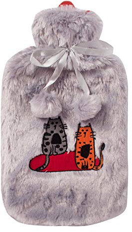 Biggdesign Cats Wärmflasche mit waschbarem und weichem Plüschbezug, Bettflasche für Kinder und Erwachsene, 2L Wärmflasche Gestrickter für Rücken- und Bauchschmerzen, Hot Water Bottle, grau