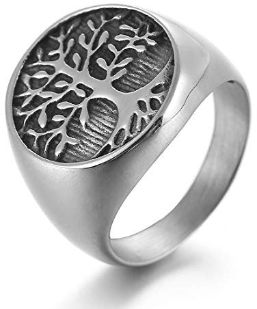 AFSTALR - Anello da uomo, motivo: albero della vita, in acciaio inossidabile, stile vintage, punk, colore: Argento oro nero e Acciaio inossidabile, 59mm, colore: argento, cod. RING-tree-man-silver-9