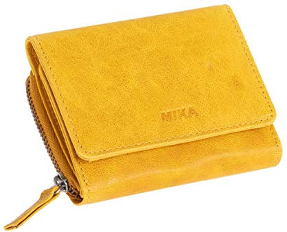 MIKA 42180 - Geldbörse aus Echt Leder, Portemonnaie im Querformat, Geldbeutel mit 6 Kartenfächer, 2 Einschubfächer, Scheinfach und Münzfach mit Reißverschluss, Brieftasche in gelb, ca. 11 x 9 x 3 cm