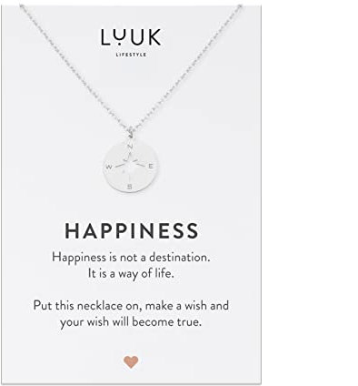 LUUK LIFESTYLE Collanina in acciaio inossidabile con ciondolo bussola, simbolo nostalgia dei paesi lontani I viaggio e dedica HAPPINESS, 50cm, argento