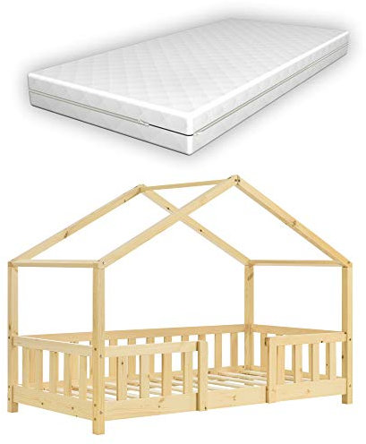 [en.casa] Kinderbett Treviolo mit Matratze 70 x 140 cm Hausbett Holzbett für Kinder mit Rausfallschutz Montessori Bettgestell mit Lattenrost Spielbett Kiefernholz Holz Natur