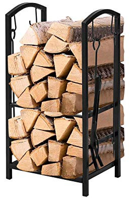 SoBuy SDA01-SCH Porte Bûches Serviteur de Cheminée avec 4 Outils Ensemble d‘outils de Cheminée Range Anthracite Support de Bois de Chauffage pour Intérieur Extérieur (LPH: 46x30x75cm)