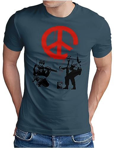 OM3® Banksy War Peace – Camiseta – Hombre – Urban Street Art Graffiti – S – 4XL, Denim (#1138), L