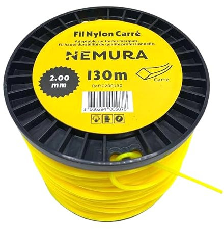 Nemura Fil Débroussailleuse Carré Ø: 2,00mm, L: 130m - Compatible avec d'autres Marques - Haute durabilité - Qualité Professionnelle - Marque Française