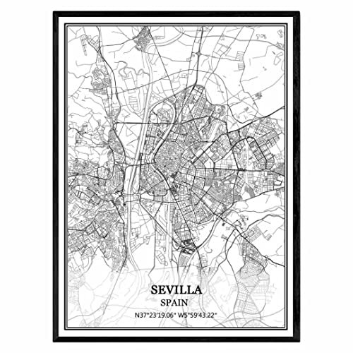 TANOKCRS Sevilla Spanien Karte Wandkunst Leinwand drucken Poster Artwork ungerahmt moderne Schwarz-Weiß-Karte Souvenir Geschenk Home Decor 28x36 cm