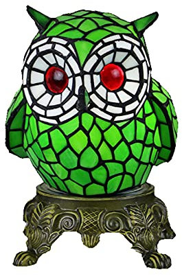 AIBOTY Tiffany Stil Vintage Eule Lampen Buntglas Kreativität Dekorieren Nachttischlampe Kleine Nachtlichter mit Legierungsfarbe Basis für Home Schlafzimmer Wohnzimmer Café