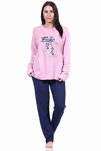 Damen Langarm Schlafanzug Pyjama mit Frontprint - 212 201 10 900, Farbe:Navy, Größe:40-42