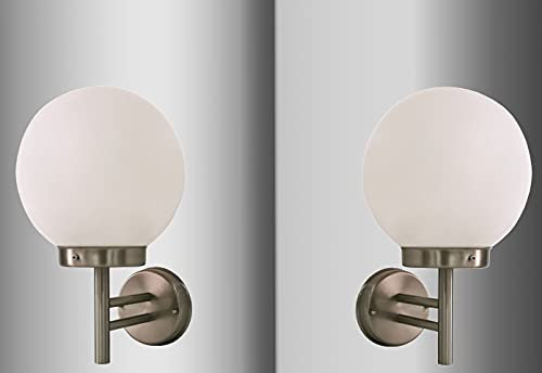Trango 2er Pack 8004 IP44 Außenlampe *BO* Außenwandleuchte mit Acryl Kugelförmig Lampenschirm & Edelstahl Außenstrahler mit E27 Fassung Gartenleuchte, Wandstrahler, Wandleuchte ohne Leuchtmittel