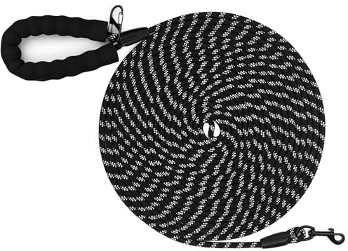 Longe pour Chien, 1,2M/ 1,5M/ 2M/ 3M/ 5M/ 10M/ 20M/ 30M Laisse de Dressage pour Chien, Long Laisse avec Poignée Rembourrée et Mousqueton Verrouillable pour Petits, Moyens et Grands Chiens