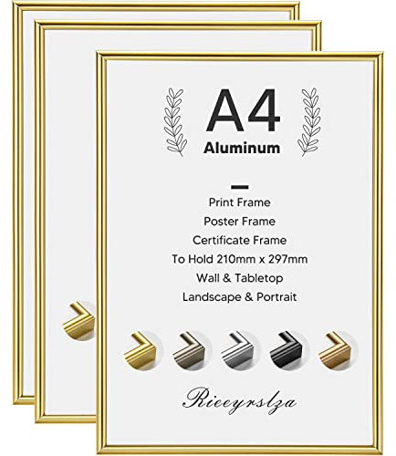 Rieeyrslza Lot de 3 Cadres Photo A4 Cadre à Documents en Aluminium Convient pour Accrocher des Diplôme et Décoration Cadre photo Montage Mural ou sur Table (Or)
