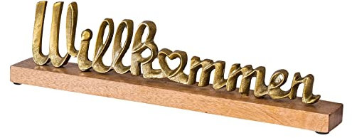 levandeo Willkommen Schriftzug L45cm Metall Gold Mango Holz Deko Aufsteller Tischdeko Wohndekoration Geschenk