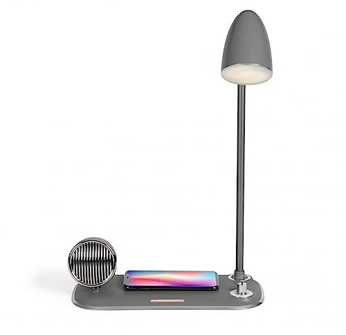 Nachttischlampe LED Dimmbar in Grau mit Induktion Ladefunktion und Bluetooth Lautsprecher - Kabelloses Ladegerät Qi Ladestation mit Licht - Wireless Charger Drahtloses Schnellladen für Schreibtisch