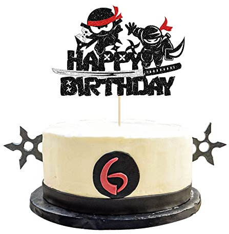 Gyufise 1Pcs Ninja Happy Birthday Cake Topper Black Glitter Martial Arts Karate Kung Fu Warriors Cake Pick Ninja Theme Baby Shower Kids Boys Girls Birthday Party Cake Decorations Supplies