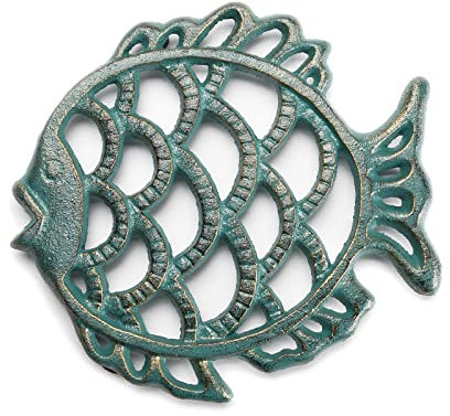 STCREE Topfuntersetzer aus Gusseisen, grüner Fisch, für Küche und Esstisch, 15 x 18,5 cm, mit Gummifüßen, dekoratives Vintage-Design, TQGJST35