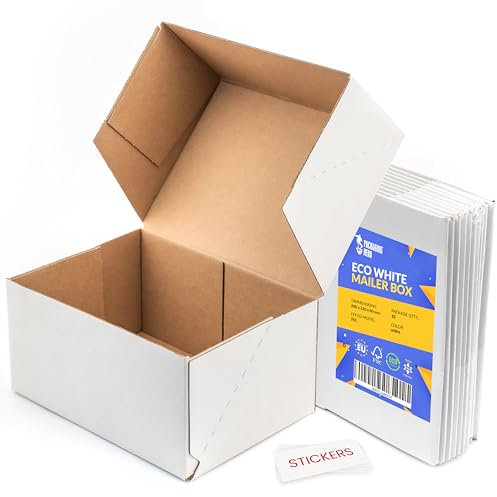 Packaging Hero 20 x 15 X 10 cm (aprox. 8 x 6 x 4) White Corrugated Cardboard Mailing Boxes, gift boxes, e-commerce box with free clear round stickers (10 pack)