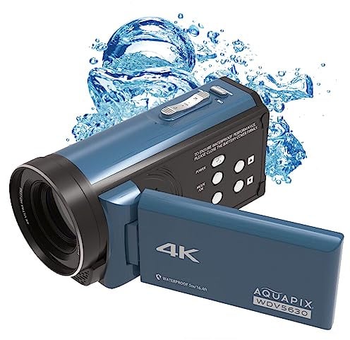 Aquapix WDV5630 Unterwasser-Camcorder, Echtes 4K-Video, Bis zu 56MP, 18x Digital-Zoom, 3 Display, Blau-Grau