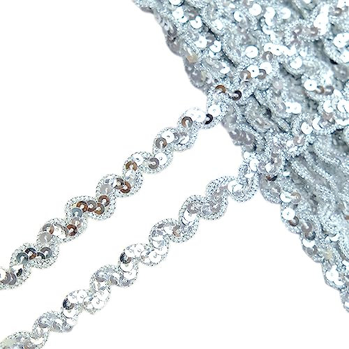 13 m 1cm Breite Paillettenspitze,Glänzendes Geflochten Zierband Paillettenband Glitzer Borte aus Dekoband Zierband Geschenkband Bortenband für DIY NäHen KostüMe Handwerk Verzierungen,Silber