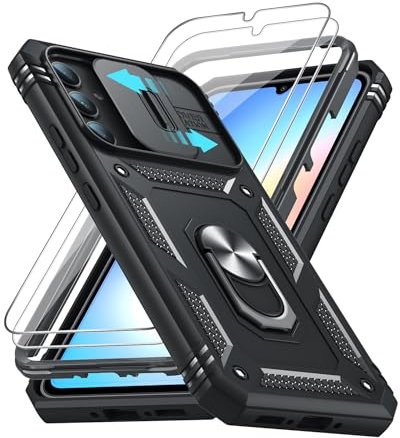 LeYi Kameraschutz Hülle für Samsung Galaxy A34 5G/A 34 mit 2 Schutzfolie, Hybrid Handyhülle Metall Ring Ständer Cover Case Kamera Schiebeabdeckung Schutzhülle Militär Standard Handy Hüllen Schwarz