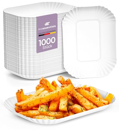 Inoverse 1000 Barquettes en Carton Écologiques, Assiettes Jetables 17,5 x 13 x 3 cm, Plateau en Papier pour Frites et Snacks, Vaisselle Jetable pour Fêtes