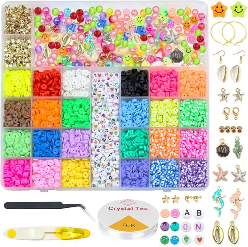 ROOKAIR 6000 Stück Perlen Set Zum Auffädeln, 24 Farben 6mm Polymer Clay Perlen, Armbänder Selber Machen Set mit Buchstabe DIY Schmuck Halskette Ohrringe Kette für Kinder Erwachsene