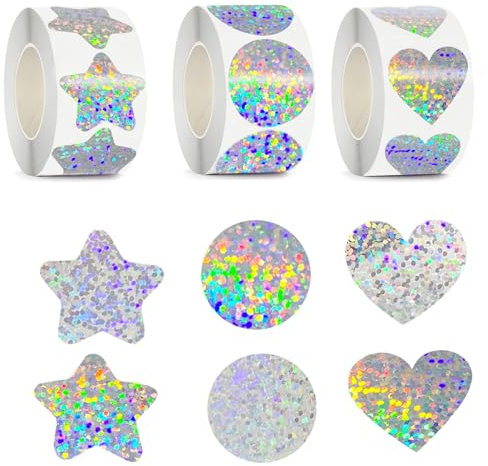 Glitzer Sticker, 1500 Stücke Silber Sterne Aufkleber Rolle Liebe Runde Selbstklebende Aufkleber Holografische Sternaufkleber Dot Stickers Funkelnde Belohnungsaufkleber