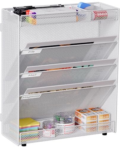 EasyPAG 5 Tier Assemble A4 Mesh in Tray Hanging Wall File Holder Mail Organiser Magazine Storage Desk Stationery Tidy Rack,White