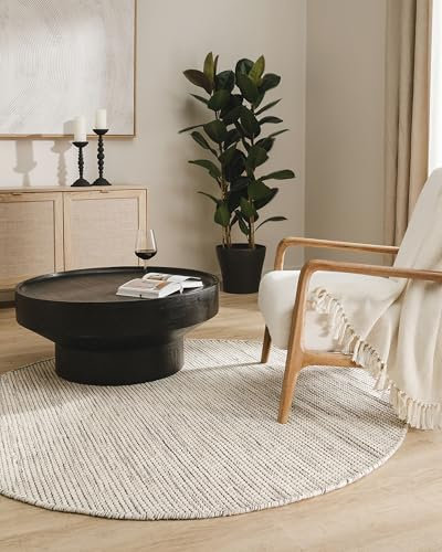 benuta Pure Wollteppich Rocco - Beige/Schwarz 250 cm Rund - Handgewebt - Im Style: Wolle, Uni, Boho, Hygge & Cozy, Minimalistisch - Pflegeleicht für Wohnzimmer Schlafzimmer