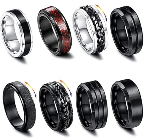 Konxi 8 Stück Männer Edelstahl Spinner Ringe Schwarz Matt Finish Poliert Band Ringe für Männer Schwarze Ringe Herren Set Coole Schwarze Ringe (62)