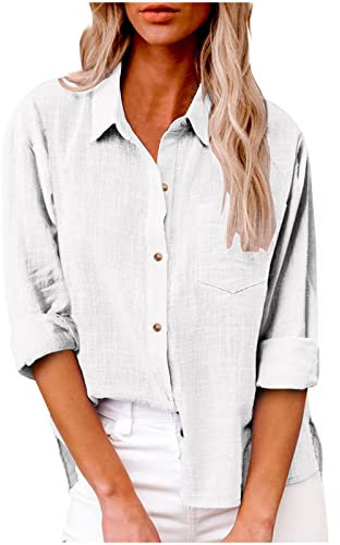 Womens Tops Dressy UK Casual Summer Button Down Cotton Linen Shirts Work Office Women Blouse and Shirts Roll Up Long Sleeve Lapel Blouses Trendy Loose Fit Ladies Tops Spring Shirts