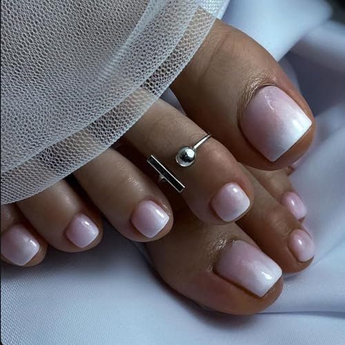 DMQ Press on Nails for Toe, 24Pcs Ombre Fake Toenails Square, Natural Pink Gradient False Nail Kit Glossy Full Cover with Glue on Nails Nail Art Manicure for Girls Women Home DIY