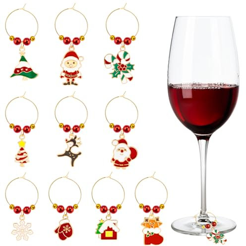 MELLIEX Pack of 10 Christmas Wine Glass Charms Rings Wine Glass Pendant Charms Reusable Glass Markers Champagne Glasses Wine Glass Markers for Christmas Party and Bar Table Decoration Alloy Steel