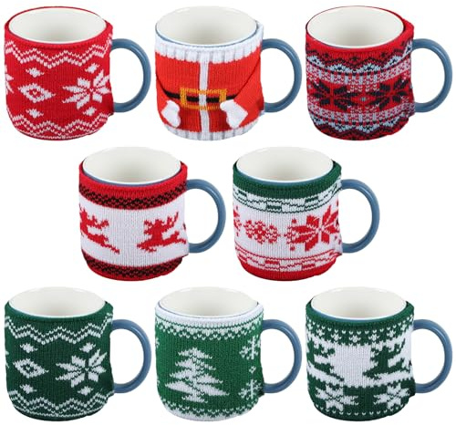 8 Pcs Christmas Coffee Mug Cozy Knitted Cup Coffee Mug Sweater Sleeve Cover Reusable Crochet Coffee and Tea Warmer Wrap Cup with Buttons Winter Coffee Mug Decoration for Coffee Drinker Christmas Gift