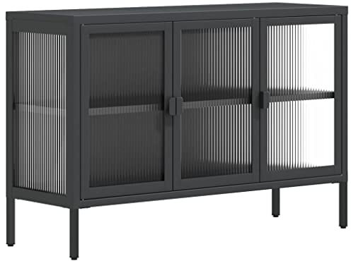 Willood Schwarze Vitrine, Sideboard, Schrank, 105x35x70 cm, Glas und Stahl, Schiebetürvitrine
