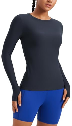 CRZ YOGA Womens Cloudweight Crew Neck Long Sleeve Tee Shirts Workout Athletic Casual Lightweight Basic Tops with Thumb Hole True Navy 16