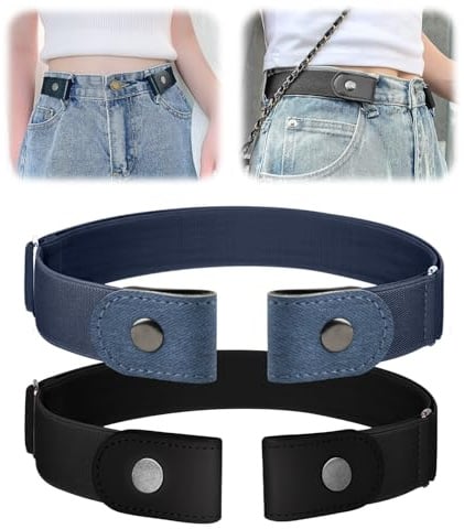 2 Pack No Buckle Belt for Men Women Free No Show Elastic Belts | Adjustable Buckle Invisible Stretch Belt Waist Belt Unisex for Jeans Pants Trousers, Black and Blue