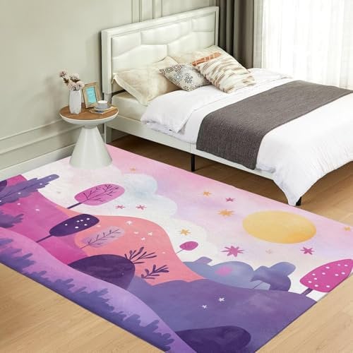 NAWVNMI Waschbarer Teppich Krabbelmatte Babyzimmer Kinder rutschfest Flauschig Teppich Teppich Kinderzimmer Junge Mädchen Kinderteppich, Lila - Berge Wälder, 140 x 200 cm