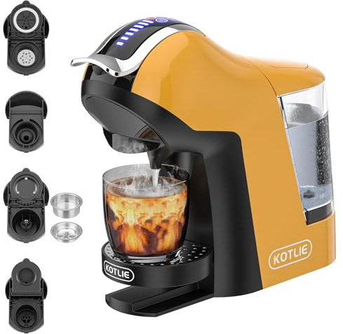 KOTLIE EM-308A 5 in 1 Kaffeemaschine, unterstützt doppelte Extraktion für Heiß und Kaltgetränke, mit vier wählbaren Temperaturen und sieben Stufen der Wassermengenregulierung(GELB)