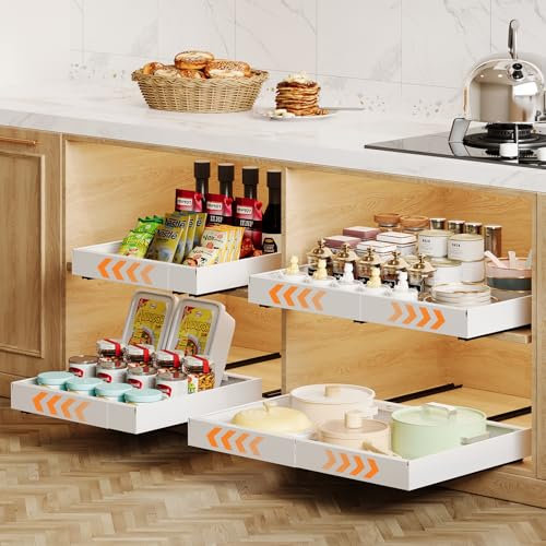 Casgee 4 Stück Teleskopschublade, Ausziehbare Schublade Küche Breite 32-52cm, Ausziehbarer Schrank Organizer mit Schienensystem, Stick Slide Out Auszug Küchenschrank für Küche Organisation, Weiß